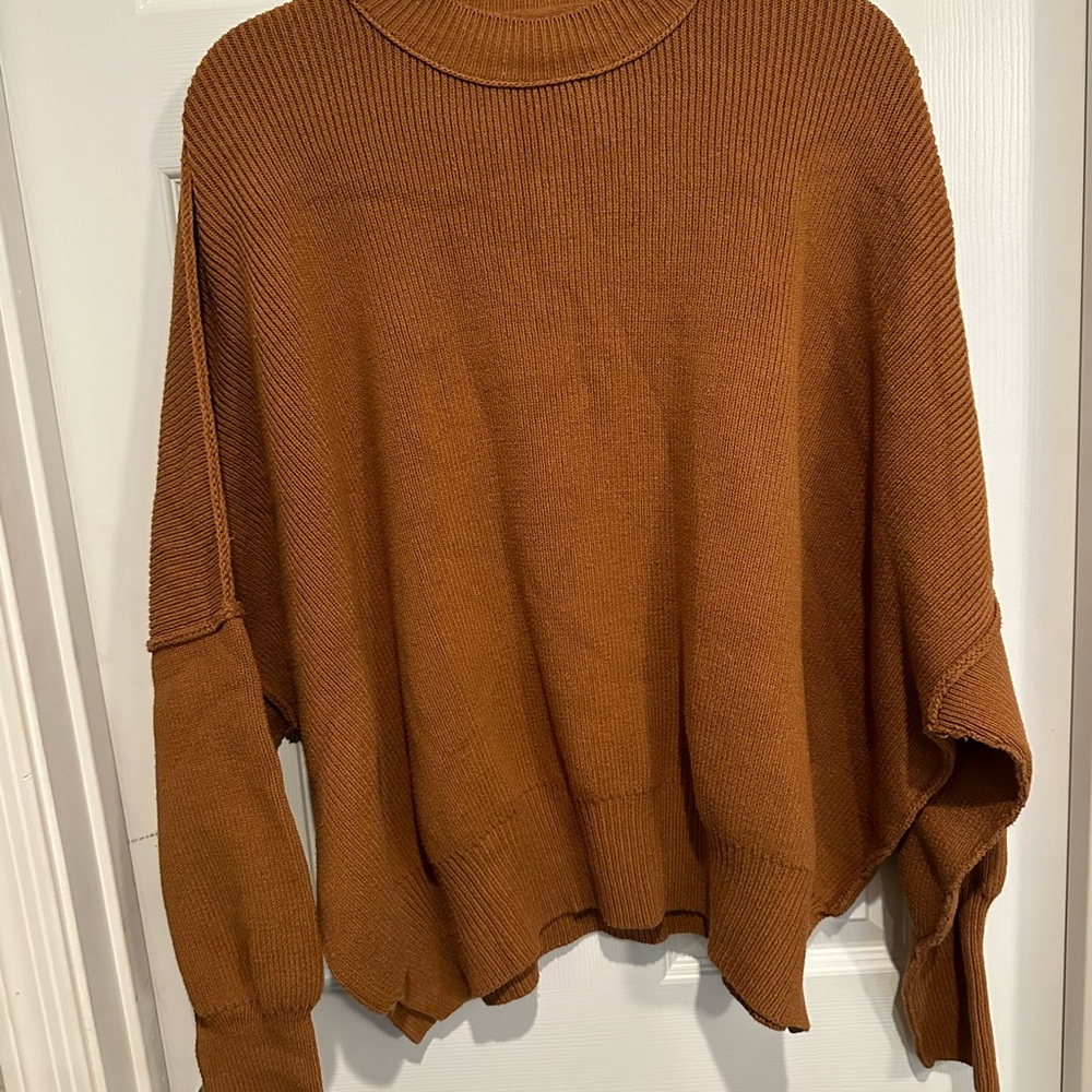 Free People Brown Crewneck Sweater with Relaxed Fit and Ribbed Texture